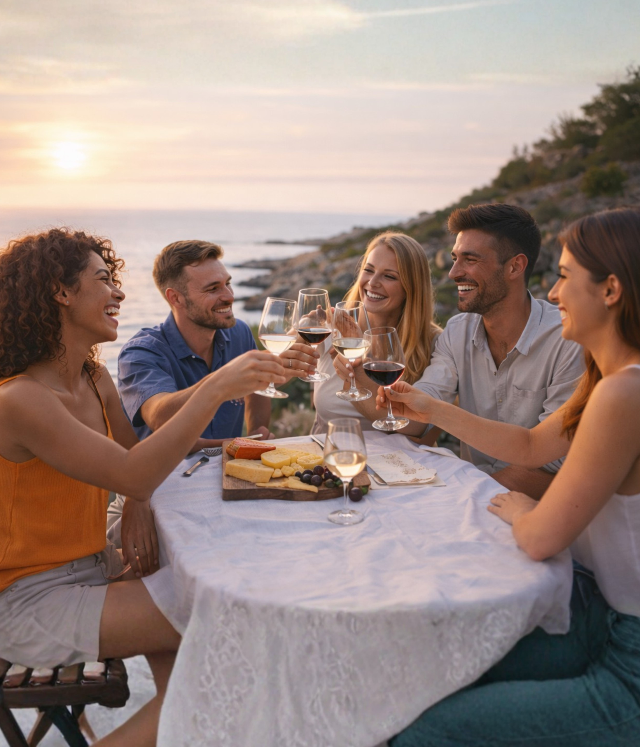 Five friends clinking wine glasses at a table by the sea at sunset, enjoying food and each others company.